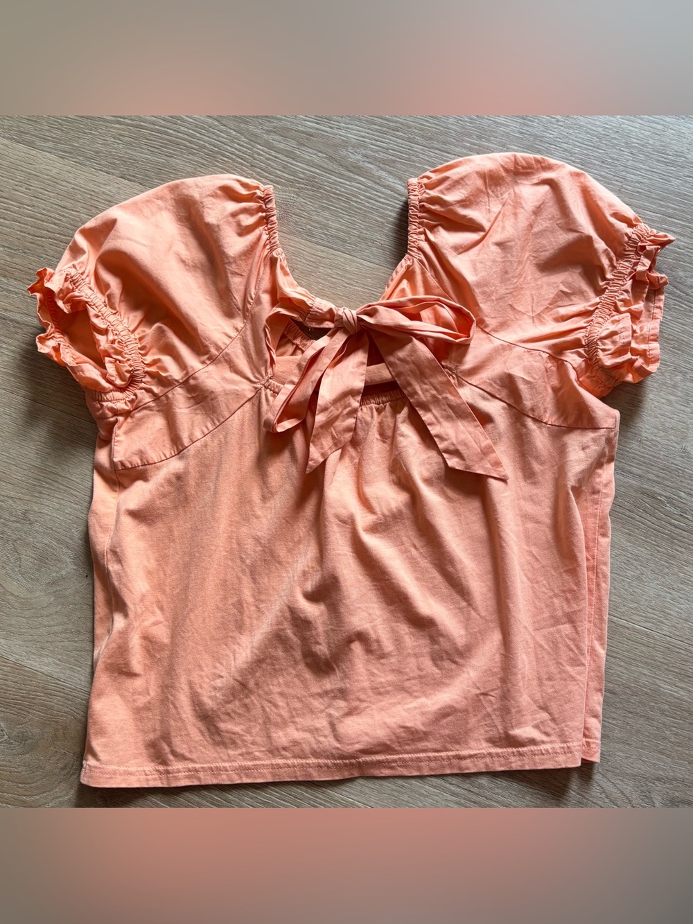 J. Crew Peach Short Puff-Sleeve Top with bow detail in back - Picture 2 of 3